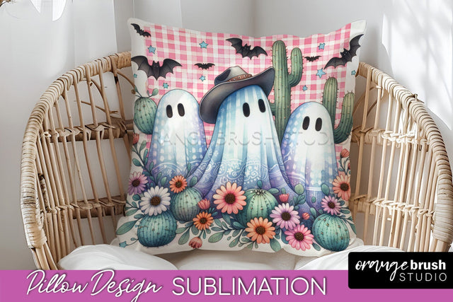 Western Halloween Pillow Sublimation - Ghost Pillow Cover Sublimation OrangeBrushStudio 