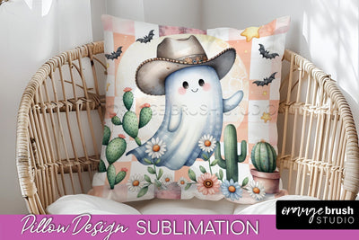 Western Halloween Pillow Sublimation - Ghost Pillow Cover Sublimation OrangeBrushStudio 