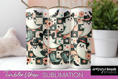 Western Halloween Tumbler Wrap - Ghost Tumbler Sublimation Sublimation OrangeBrushStudio 