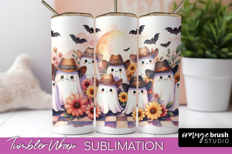 Western Halloween Tumbler Wrap - Ghost Tumbler Sublimation Sublimation OrangeBrushStudio 