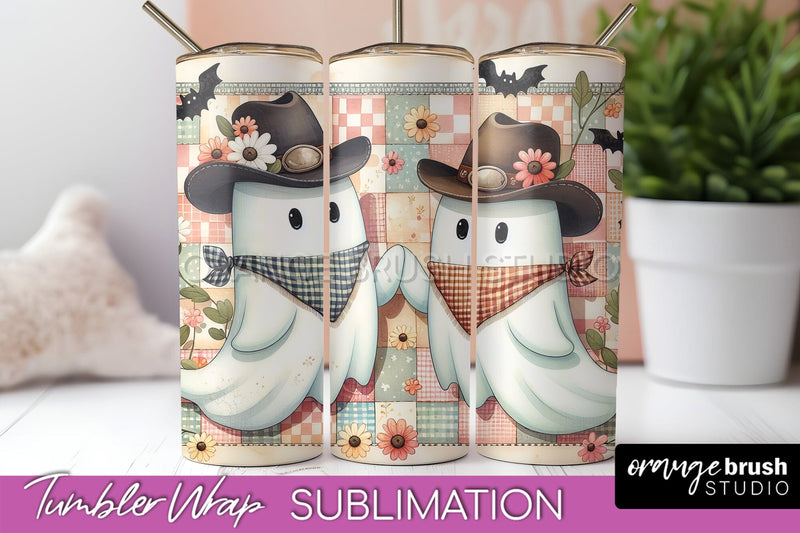 Western Halloween Tumbler Wrap - Ghost Tumbler Sublimation Sublimation OrangeBrushStudio 
