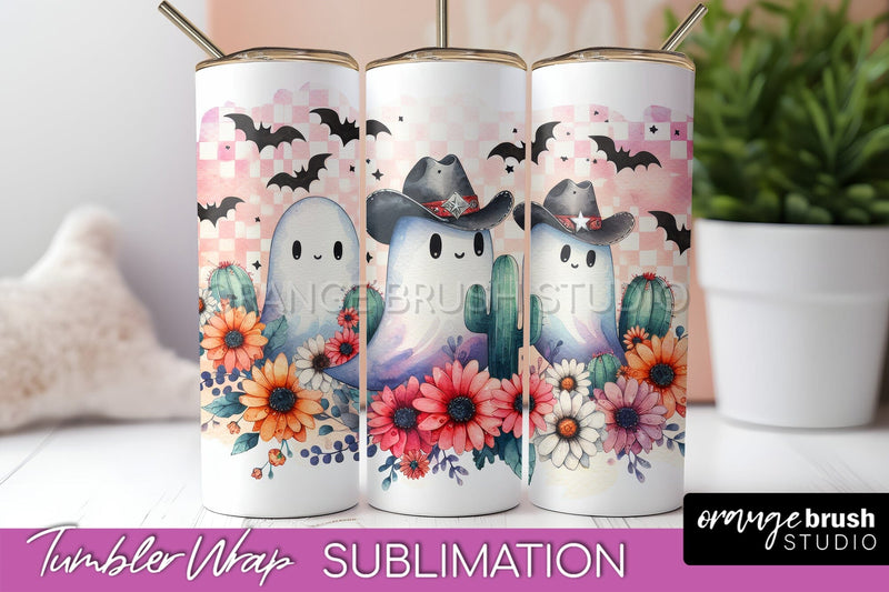 Western Halloween Tumbler Wrap - Ghost Tumbler Sublimation Sublimation OrangeBrushStudio 