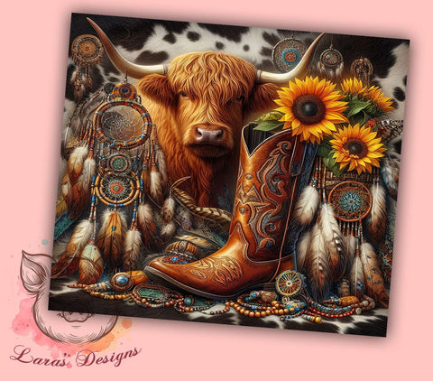 Western Highland Cow 20oz Tumbler Png, Straight & Tapered Tumbler Png, Boho Tumbler Png, Digital Download PNG Sublimation Lara' s Designs 