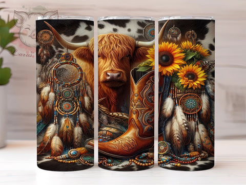 Western Highland Cow 20oz Tumbler Png, Straight & Tapered Tumbler Png, Boho Tumbler Png, Digital Download PNG Sublimation Lara' s Designs 