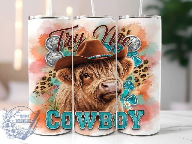 Western Highland Sassy Cow 20oz Tumbler, Sassy Cow, Caramel Brown Fur, Try Me Cowboy, Fluffy Cow, Skinny Tumbler, Sublimation PNG Sublimation ToriDesigns 