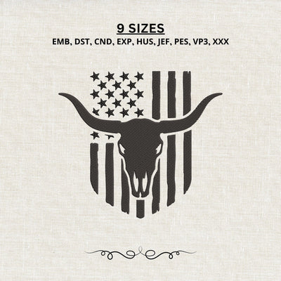 Western Longhorn Skull American Flag Embroidery Design – Patriotic Texas Bull Skull Machine Embroidery File, Cowboy Western USA Design Embroidery/Applique DESIGNS PatternFeed8 