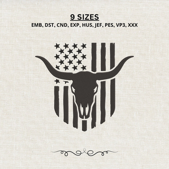 Western Longhorn Skull American Flag Embroidery Design – Patriotic Texas Bull Skull Machine Embroidery File, Cowboy Western USA Design Embroidery/Applique DESIGNS PatternFeed8 