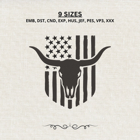 Western Longhorn Skull American Flag Embroidery Design – Patriotic Texas Bull Skull Machine Embroidery File, Cowboy Western USA Design Embroidery/Applique DESIGNS PatternFeed8 