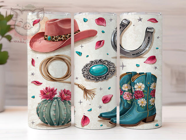 Western Pink Hat Glow 20oz Tumbler, Western Theme, Pink Hat Motif, Glow Effect, Rustic Style, Chic Charm, Skinny Tumbler, Sublimation PNG Sublimation Lara' s Designs 
