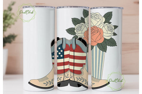 Western Roses Flag 20oz Tumbler Wrap Sublimation PixelChick 