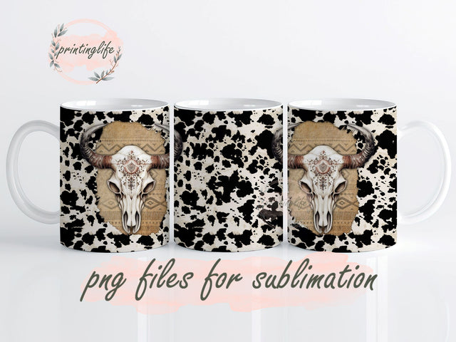 Western Style Cow Skull Mug, Boho Coffee Cup Gift, Cow Skull Mug Sublimation PrintingLife 