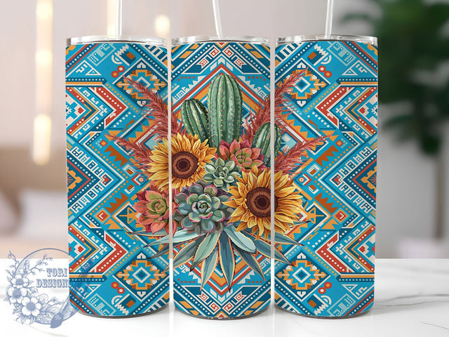 Western Succulent Boho Floral 20oz Tumbler, Boho Floral, Watercolor Sunflowers, Mint Green Succulent, Dusty Rose Bloom, Saguaro Cactus, Sublimation PNG Sublimation ToriDesigns 