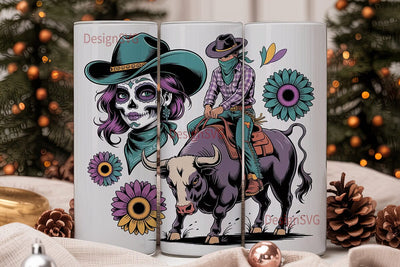 Western Sugar Skull & Bull Rider Tumbler Sublimation DesignSVG 