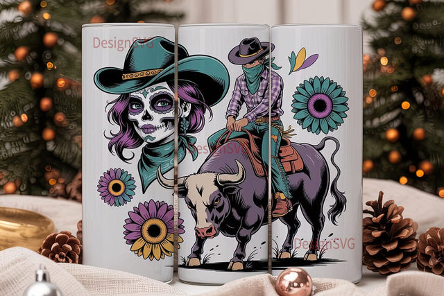 Western Sugar Skull & Bull Rider Tumbler Sublimation DesignSVG 