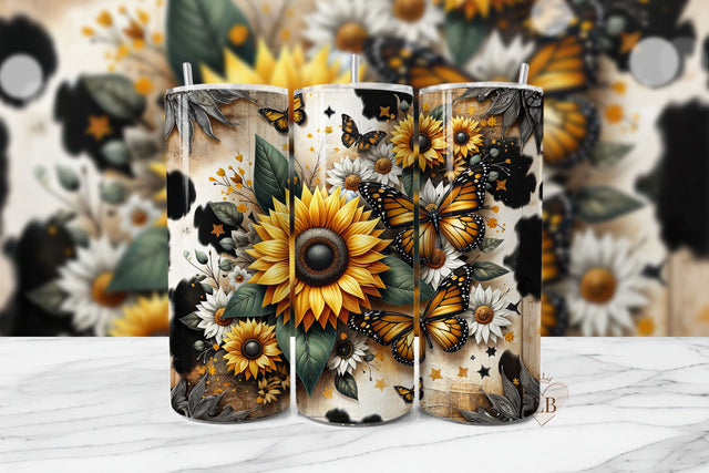 Western Sunflower Cow Print Tumbler PNG Sublimation BijouBay 