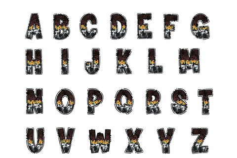 Western Sunflower Doodle Letters, Cow Print PNG Sublimation BijouBay 