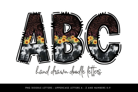 Western Sunflower Doodle Letters, Cow Print PNG Sublimation BijouBay 