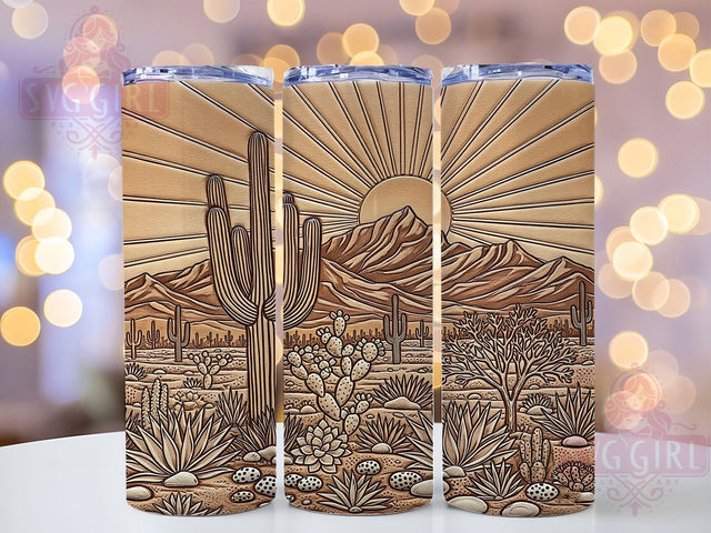 Western Tooled Leather Cactus Sun Tumbler, Tooled Leather PNG, Cactus Sun Design, Desert Tumbler Sublimation, 20oz Western Wrap, Boho Cowboy Cup, Southwest Tumbler Design Sublimation SvggirlplusArt 