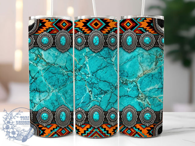 Western Turquoise Cowhide 20oz Tumbler, Western turquoise, Cowhide tumbler wrap, 20oz skinny tumbler, Cowhide print design, Western tumbler design, Sublimation tumbler wrap, Turquoise cowhide Sublimation ToriDesigns 