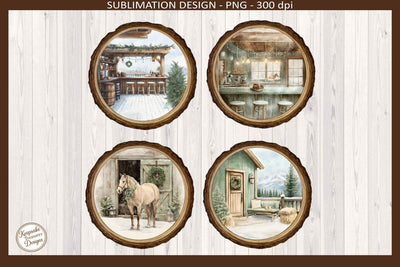 Christmas Western Round Coasters Sublimation Png Printable DTF Transparent Background.jpg