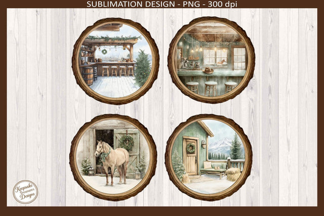 Christmas Western Round Coasters Sublimation Png Printable DTF Transparent Background.jpg