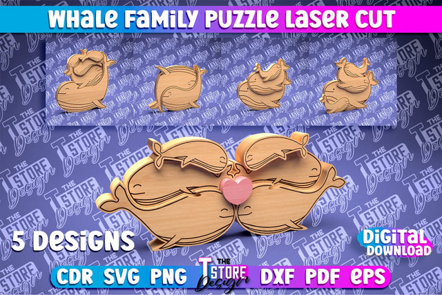 Whale Family Puzzle Laser Cut | Puzzle Laser Cut Design | CNC Files SVG The T Store Design 