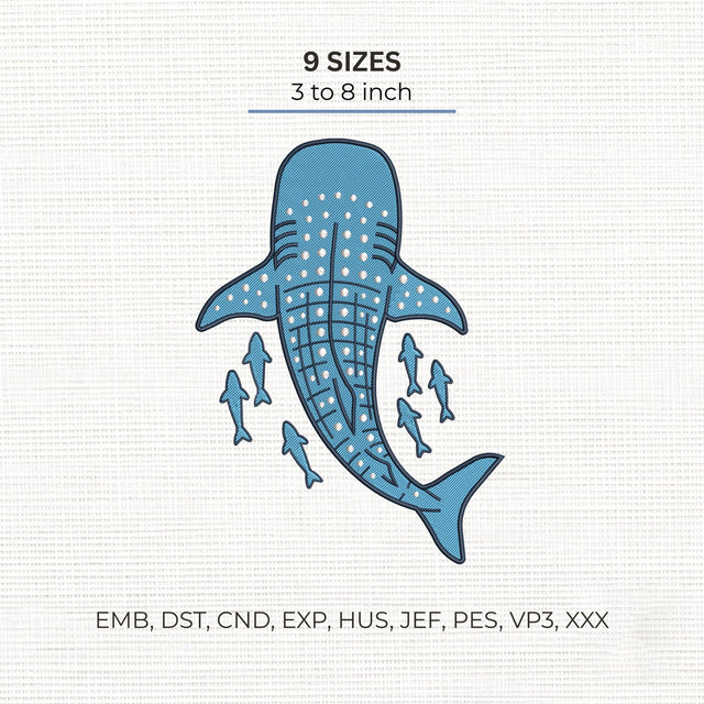 Whale Shark Embroidery Design – Blue Spotted Ocean Shark with Baby Sharks Marine Life Machine Embroidery File Embroidery/Applique DESIGNS PatternFeed8 