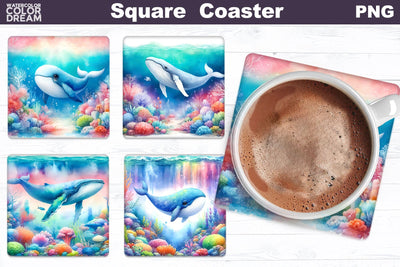 Whale Square Coaster | Watercolor Ocean Square Coaster Sublimation WatercolorColorDream 