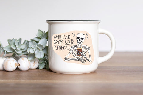 Whatever Spices Your Pumpkin SVG for Cricut, Sarcastic Skeleton PNG or Stickers, Sublimation, TShirts, & More, Skeleton with Coffee Sticker SVG Designing Digitals 