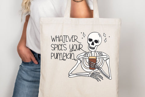 Whatever Spices Your Pumpkin SVG for Cricut, Sarcastic Skeleton PNG or Stickers, Sublimation, TShirts, & More, Skeleton with Coffee Sticker SVG Designing Digitals 