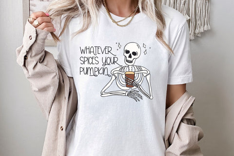 Whatever Spices Your Pumpkin SVG for Cricut, Sarcastic Skeleton PNG or Stickers, Sublimation, TShirts, & More, Skeleton with Coffee Sticker SVG Designing Digitals 