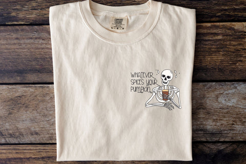 Whatever Spices Your Pumpkin SVG for Cricut, Sarcastic Skeleton PNG or Stickers, Sublimation, TShirts, & More, Skeleton with Coffee Sticker SVG Designing Digitals 