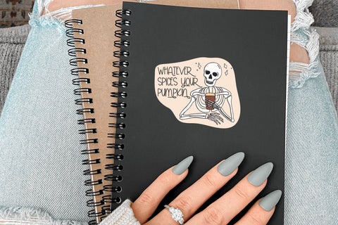 Whatever Spices Your Pumpkin SVG for Cricut, Sarcastic Skeleton PNG or Stickers, Sublimation, TShirts, & More, Skeleton with Coffee Sticker SVG Designing Digitals 