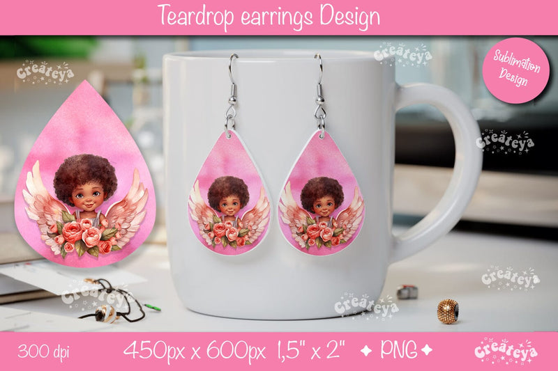 Whimsical Angel Earrings – Watercolor Teardrop Valentine’s Design Sublimation Createya Design 