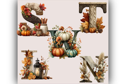 Whimsical Autumn Alphabet Letters Clipart Bundle. Sublimation SVGArt 