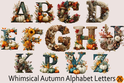 Whimsical Autumn Alphabet Letters Clipart Bundle. Sublimation SVGArt 