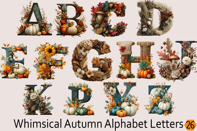 Whimsical Autumn Alphabet Letters Clipart Bundle. Sublimation SVGArt 