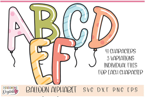 Whimsical Balloon Doodle Alphabet - Regular, Dots, Stripes Options SVG Designing Digitals 