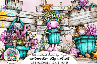 Whimsical Beach Wooden Signs Clipart Bundle. Sublimation SVGArt 