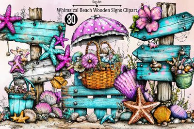 Whimsical Beach Wooden Signs Clipart Bundle. Sublimation SVGArt 