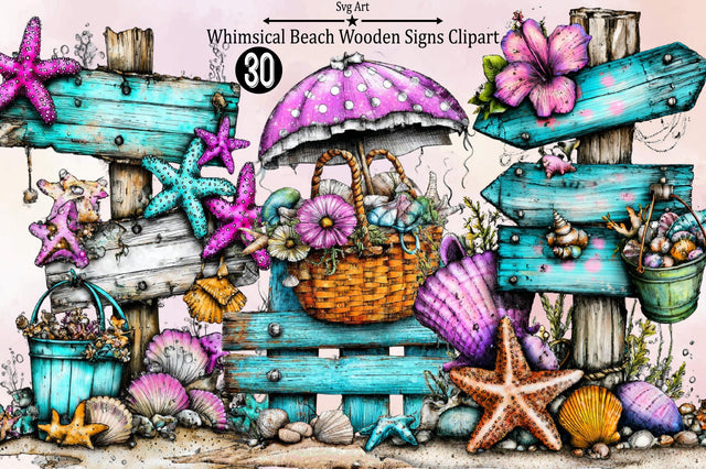 Whimsical Beach Wooden Signs Clipart Bundle. Sublimation SVGArt 