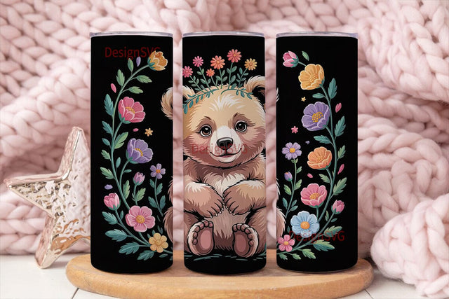 Whimsical Bear Floral 20oz Tumbler Wrap Sublimation DesignSVG 