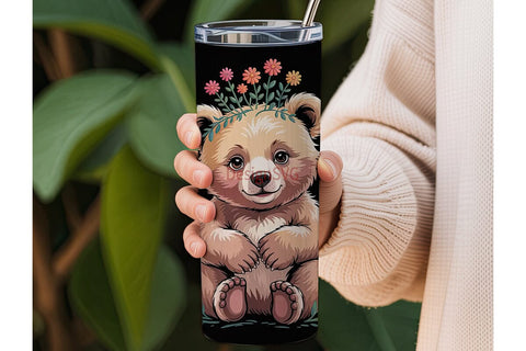 Whimsical Bear Floral 20oz Tumbler Wrap Sublimation DesignSVG 