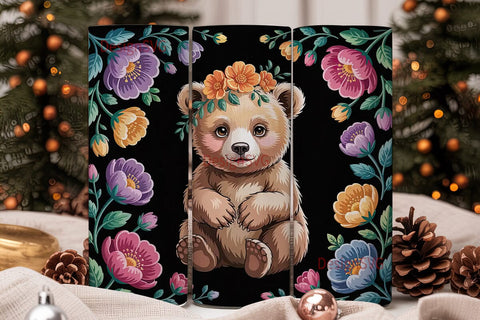 Whimsical Bear Floral 20oz Tumbler Wrap Sublimation DesignSVG 