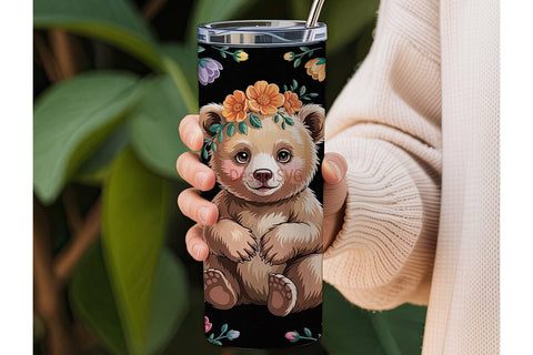 Whimsical Bear Floral 20oz Tumbler Wrap Sublimation DesignSVG 