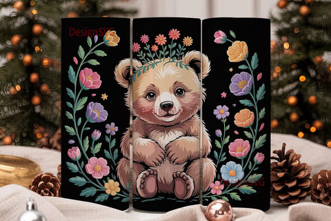 Whimsical Bear Floral 20oz Tumbler Wrap Sublimation DesignSVG 