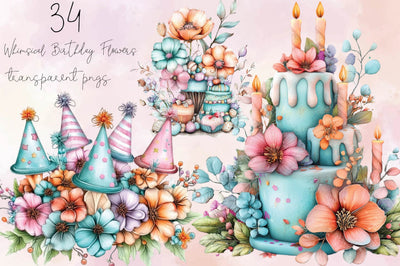 Whimsical Birthday Flowers Clipart Bundle. Sublimation SVGArt 