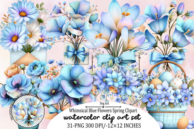 Whimsical Blue Flowers Spring Clipart Bundle. Sublimation SVGArt 