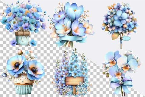 Whimsical Blue Flowers Spring Clipart Bundle. Sublimation SVGArt 