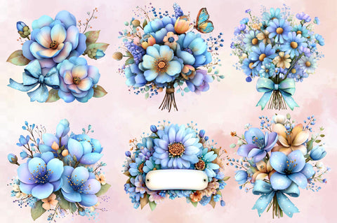Whimsical Blue Flowers Spring Clipart Bundle. Sublimation SVGArt 